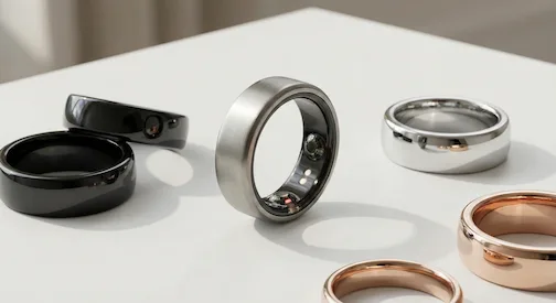 Assorted smart rings including Oura Ring 4 on a white surface